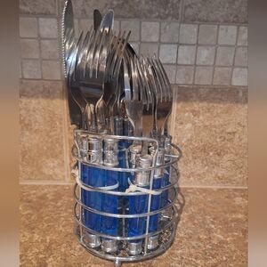 Blue and Silver Cutlery Set with Holder